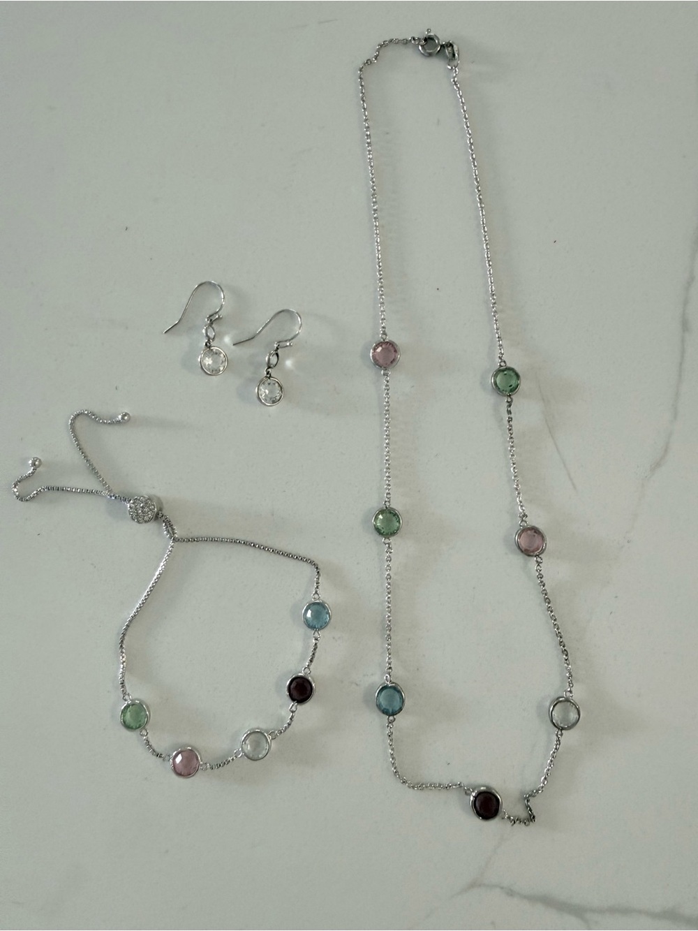 Multi-Color Gemstone Station Silver color Necklace,earrings and Bracelet Set